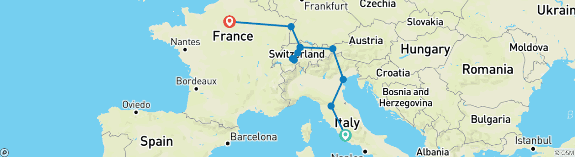Image of a map showing the route of the tour