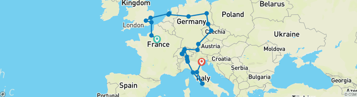 Image of a map showing the route of the tour