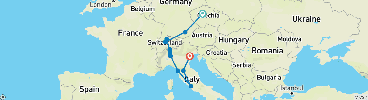 Image of a map showing the route of the tour