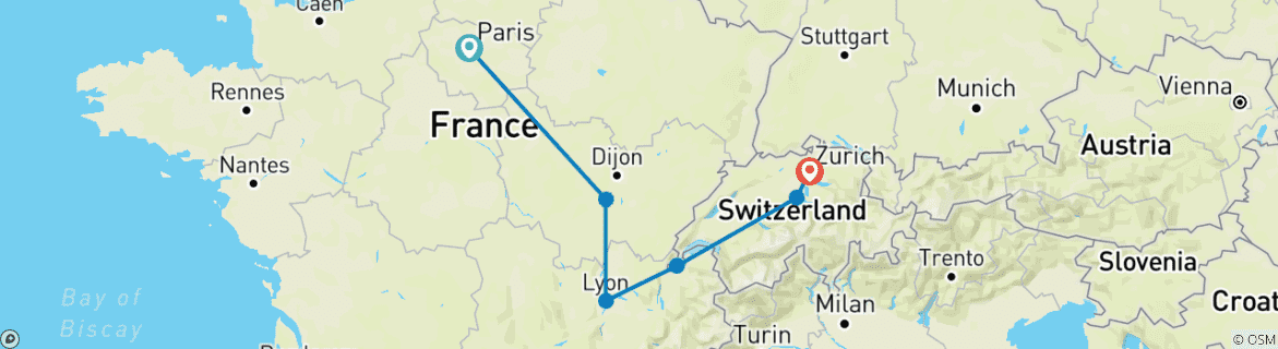 Image of a map showing the route of the tour