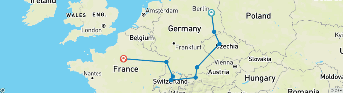 Image of a map showing the route of the tour