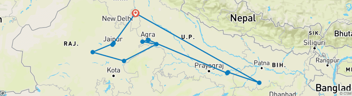 Image of a map showing the route of the tour