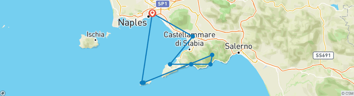 Image of a map showing the route of the tour