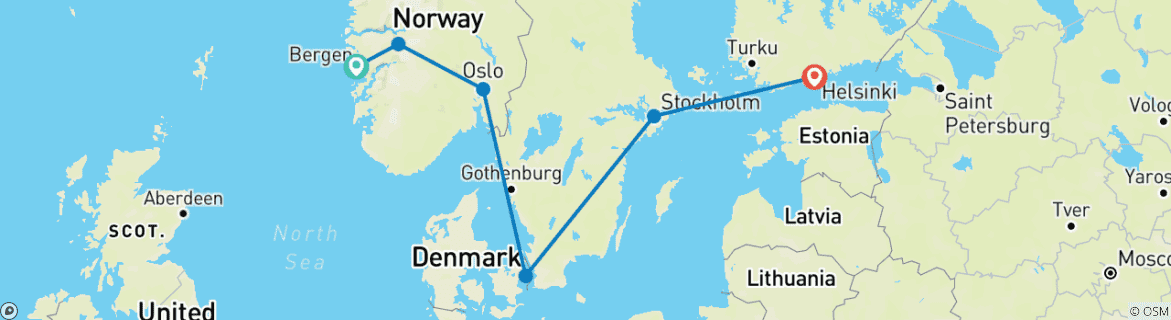 Image of a map showing the route of the tour