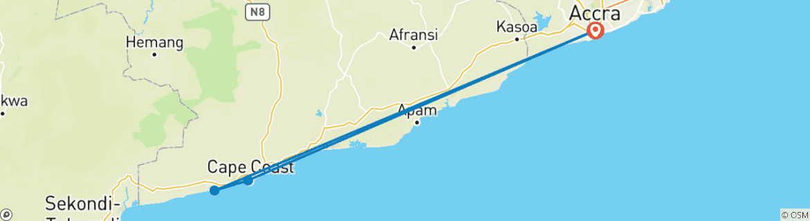 Image of a map showing the route of the tour