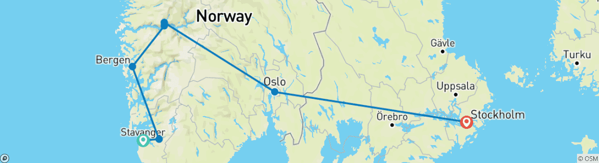 Carte du circuit Magie des fjords de Stavanger à Stockholm