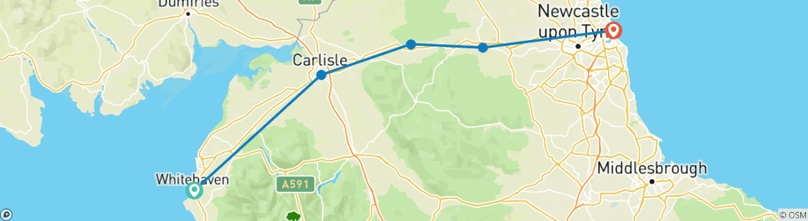 Image of a map showing the route of the tour