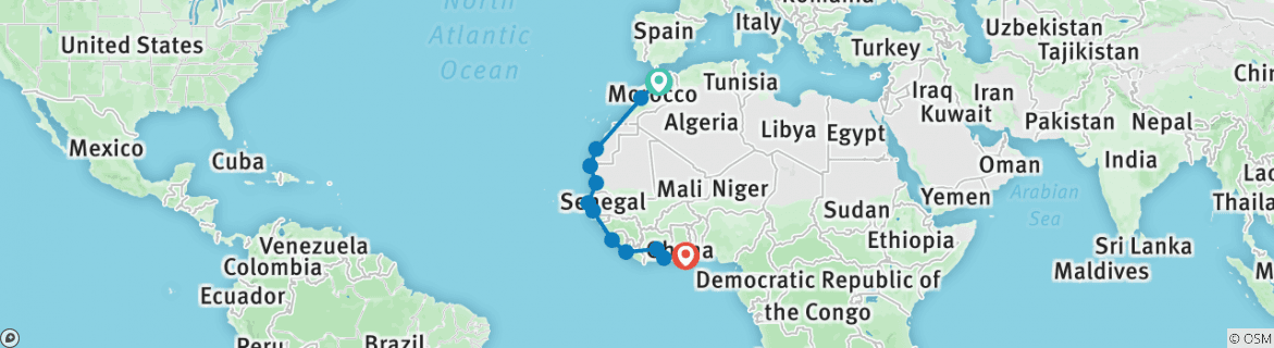Image of a map showing the route of the tour