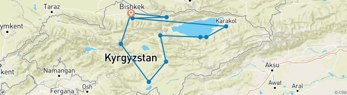 Carte du circuit Voyage en voiture hors des sentiers battus à travers les sommets du Kirghizistan 10 jours