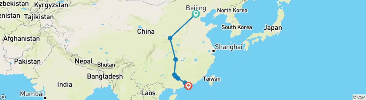 Image of a map showing the route of the tour