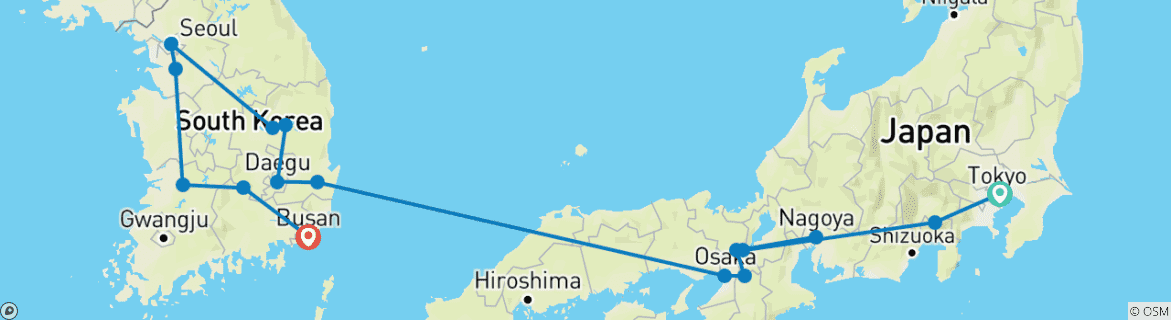 Image of a map showing the route of the tour