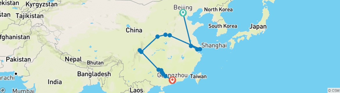Image of a map showing the route of the tour