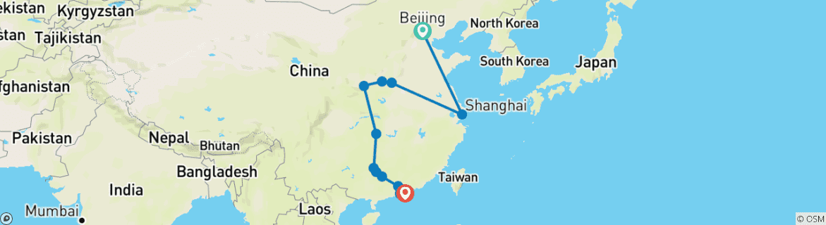 Image of a map showing the route of the tour