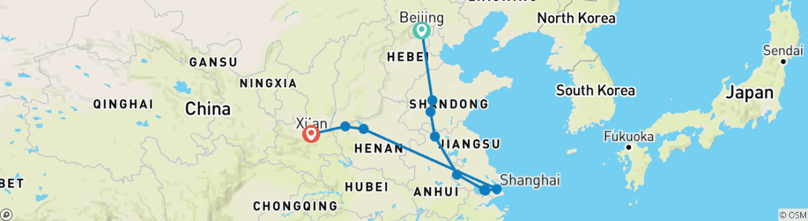Image of a map showing the route of the tour