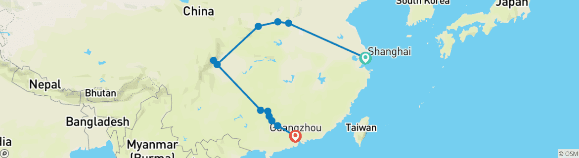 Image of a map showing the route of the tour