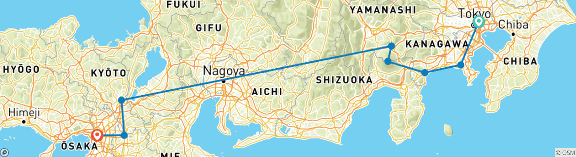 Image of a map showing the route of the tour