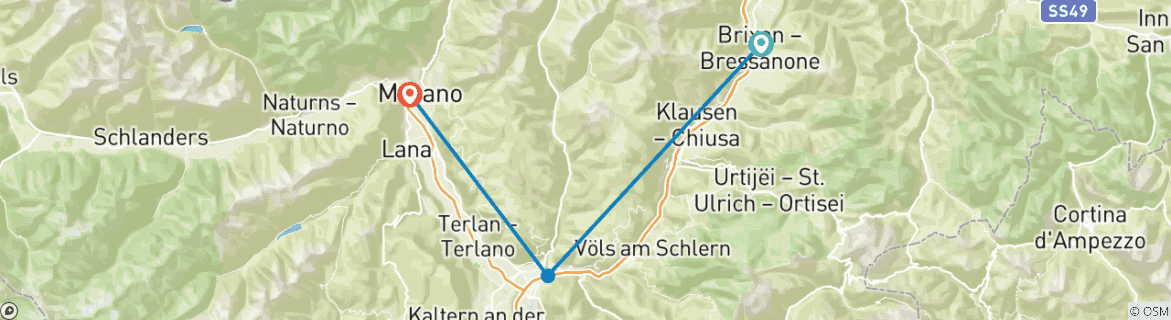 Image of a map showing the route of the tour