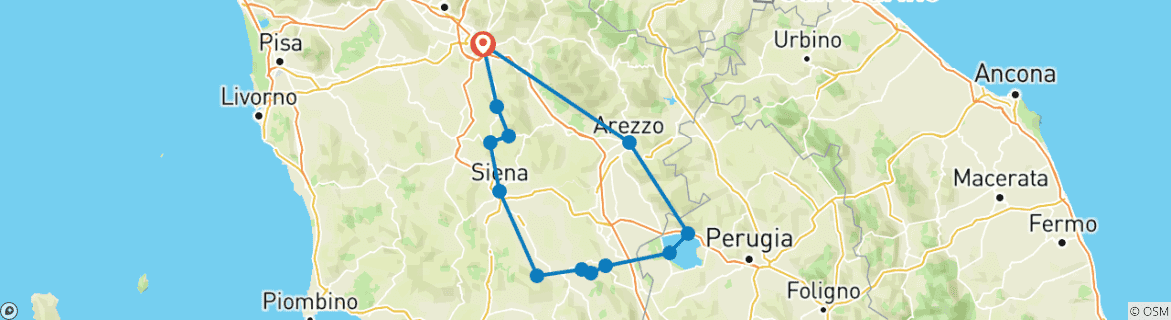 Image of a map showing the route of the tour