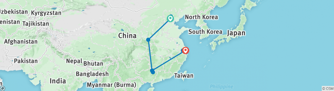 Image of a map showing the route of the tour