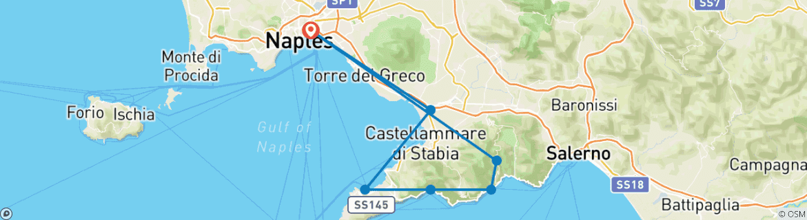 Image of a map showing the route of the tour