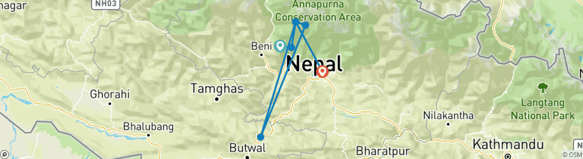 Carte du circuit Trek court au camp de base de l'Annapurna