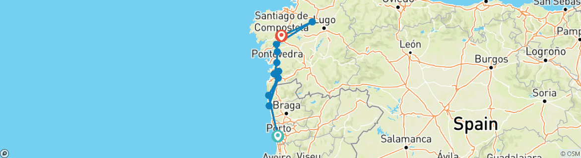 Image of a map showing the route of the tour