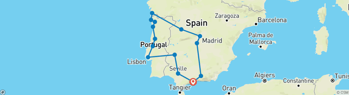 Image of a map showing the route of the tour