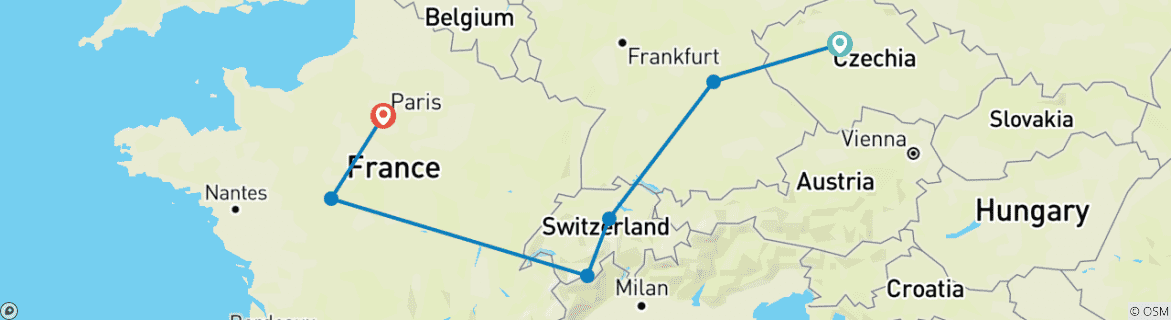 Image of a map showing the route of the tour