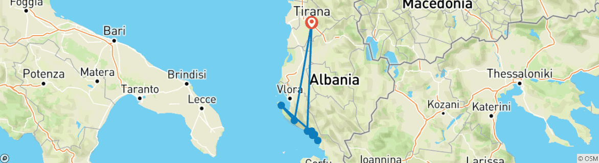 Image of a map showing the route of the tour