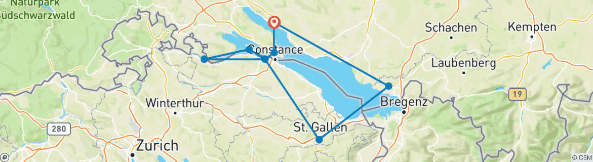 Image of a map showing the route of the tour