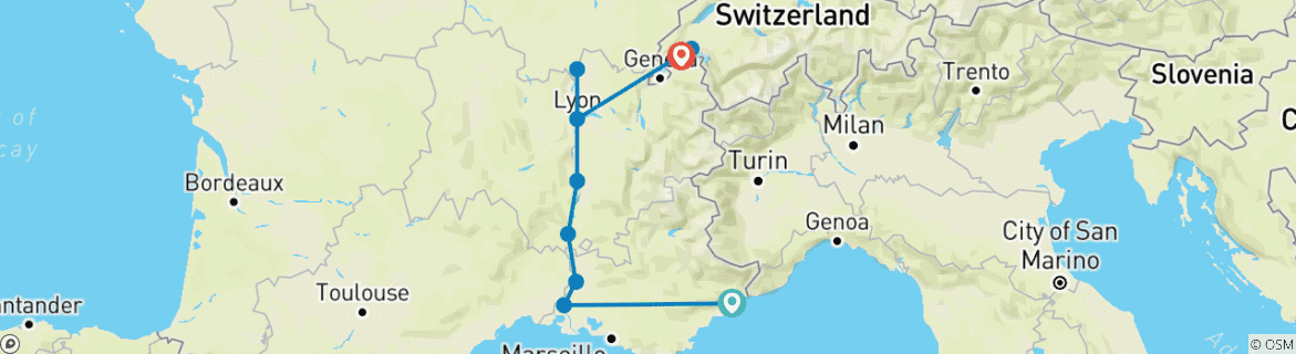 Carte du circuit Sensations de Lyon et de la Provence avec les montagnes suisses (from Nice to Lac Léman)