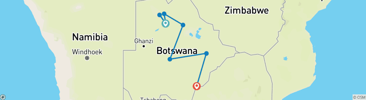 Carte du circuit Safari d'exploration au Botswana : 12 jours d'aventure culturelle, d'observation de la faune et de la flore et de découverte de la nature sauvage