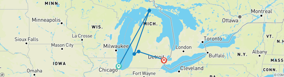 Image of a map showing the route of the tour