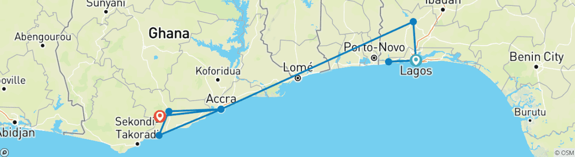 Image of a map showing the route of the tour