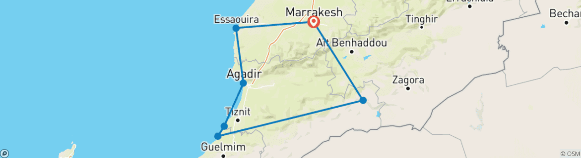 Image of a map showing the route of the tour