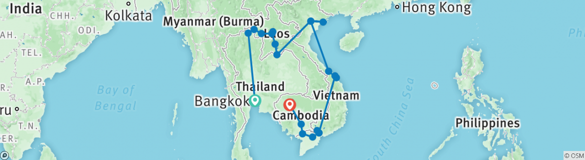 Image of a map showing the route of the tour
