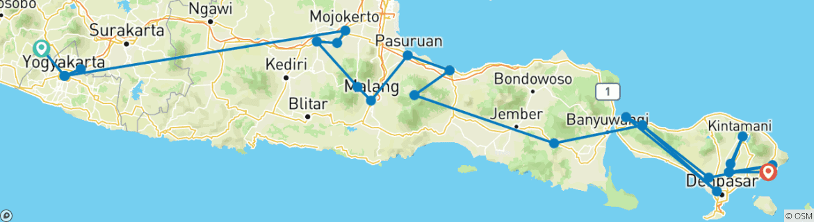 Image of a map showing the route of the tour