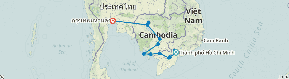 Image of a map showing the route of the tour