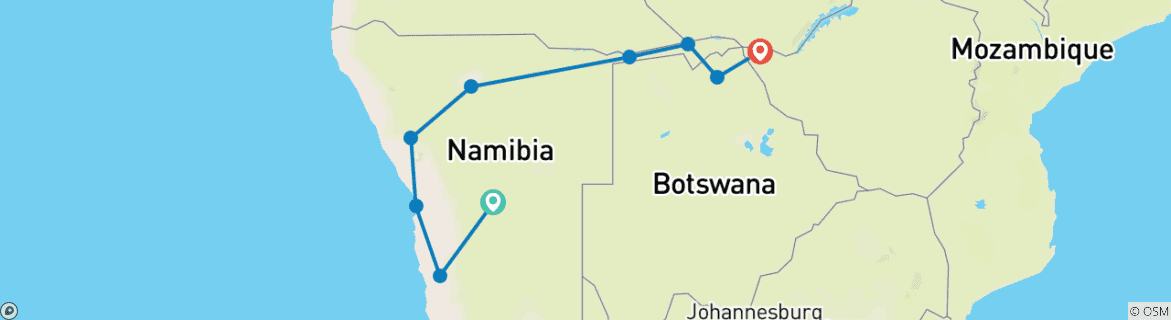 Image of a map showing the route of the tour