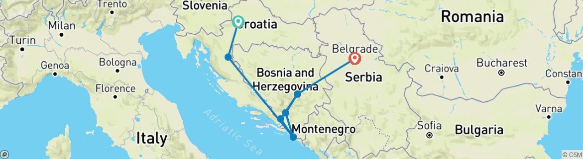 Image of a map showing the route of the tour