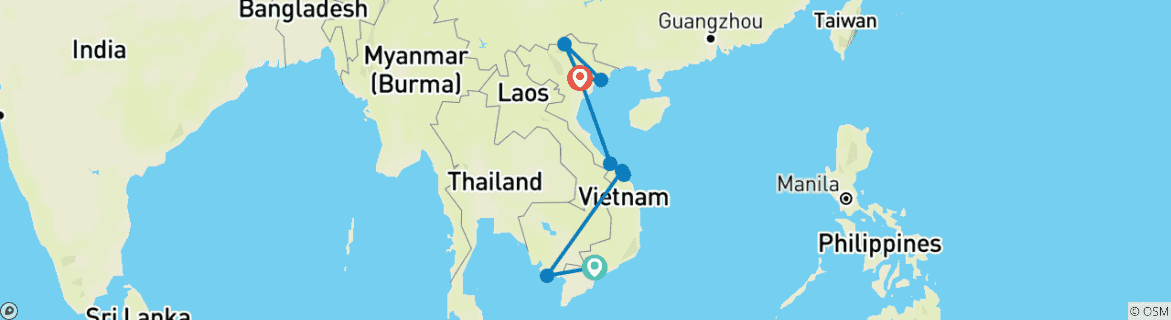 Image of a map showing the route of the tour