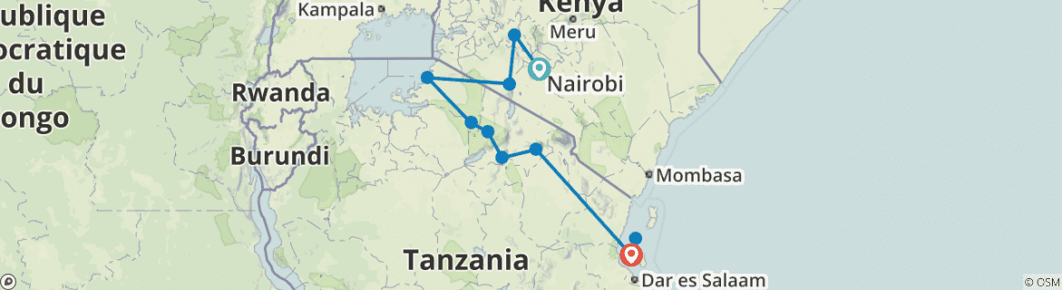 Image of a map showing the route of the tour