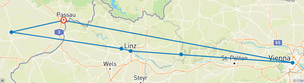 Kaart van Donaufietsroute | Kort + Intensief | Passau-Wenen (6 dagen)