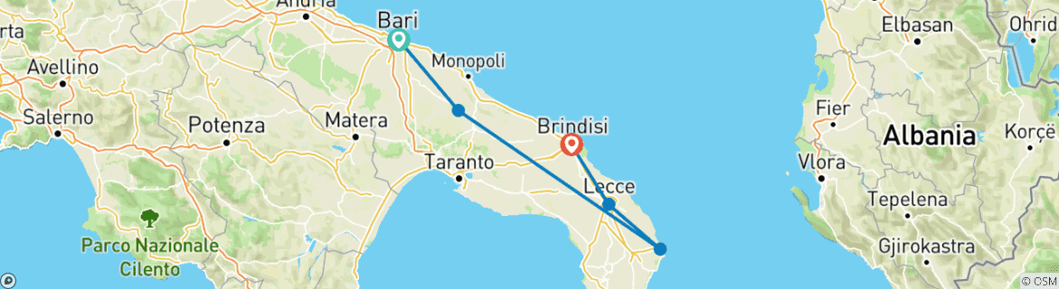 Image of a map showing the route of the tour