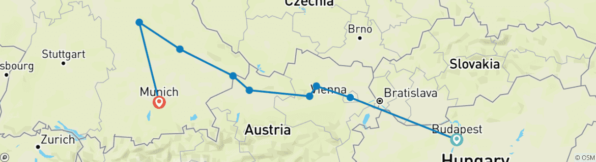Image of a map showing the route of the tour