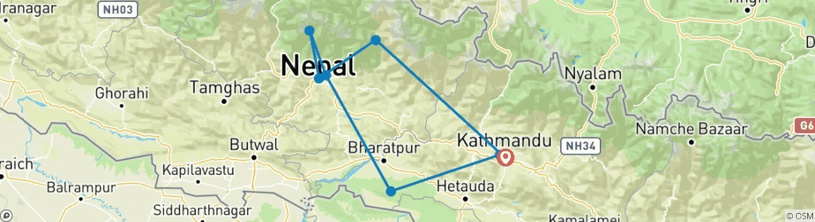 Foto van een kaart met de route van de rondreis