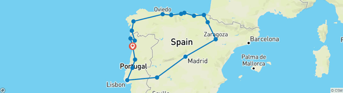 Image of a map showing the route of the tour