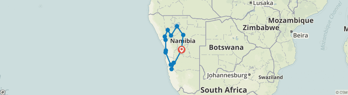 Image of a map showing the route of the tour