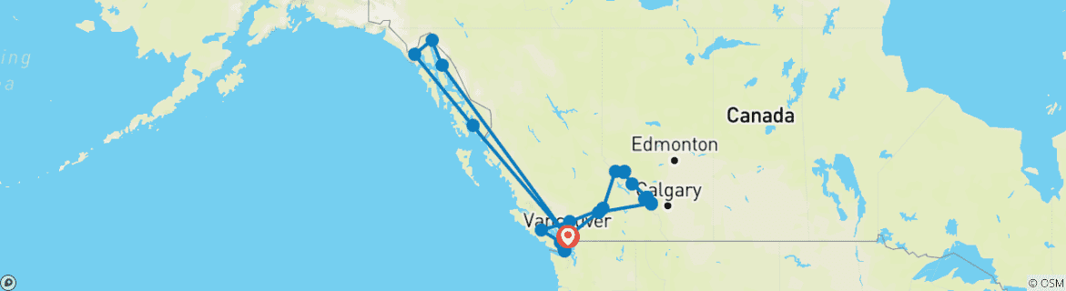 Carte du circuit Odyssée dans les Rocheuses et croisière en Alaska : Vancouver - Vancouver (2027)