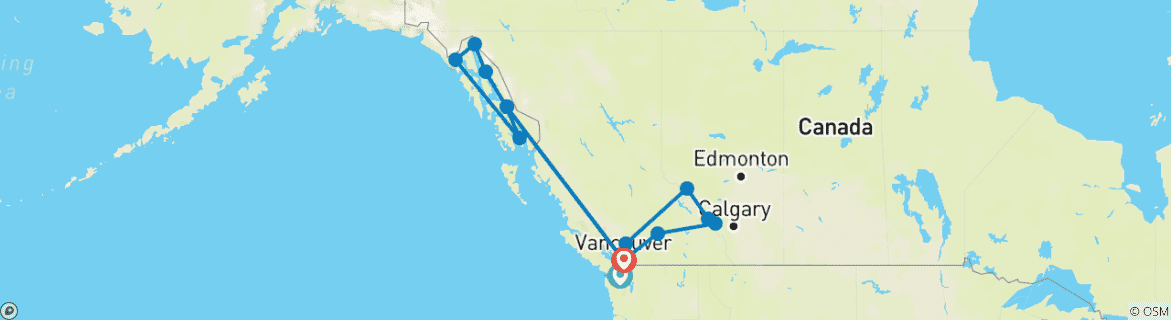 Image of a map showing the route of the tour